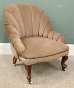 VICTORIAN EASY CHAIR - scallop back on scrolled supports and castors, 76cms H, 65cms W, 48cms D