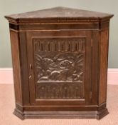 ANTIQUE MAHOGANY FLOORSTANDING CORNER CUPBOARD - with single carved door, 80cms H, 78cms W, 44cms D