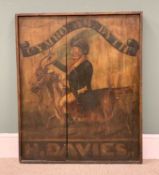 VINTAGE PAINTED TAVERN TYPE SIGN - depicting a well-dressed gentleman riding a goat, having a ribbon