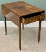 REGENCY MAHOGANY PEMBROKE TABLE - twin flap with single end drawer, on brass cupped tapered