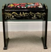 PLUS LOT 50 - EBONISED AND PAINTED PIANO STOOL - with tapestry seat, 54cms H, 56cms W, 34cms D