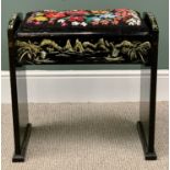 PLUS LOT 50 - EBONISED AND PAINTED PIANO STOOL - with tapestry seat, 54cms H, 56cms W, 34cms D