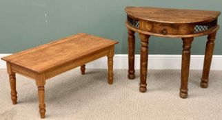 MODERN HARDWOOD HALF MOON TABLE - with single drawer, on four turned supports, 76cms H, 90cms W,
