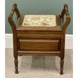 BOX SEAT COMMODE - two handled mahogany with tapestry seat, 57cms H, 53cms W, 39cms D