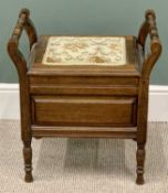 BOX SEAT COMMODE - two handled mahogany with tapestry seat, 57cms H, 53cms W, 39cms D