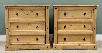 CHESTS OF DRAWERS - a pair, Mexican pine, each having three drawers, 92cms H, 92cms W, 49cms D