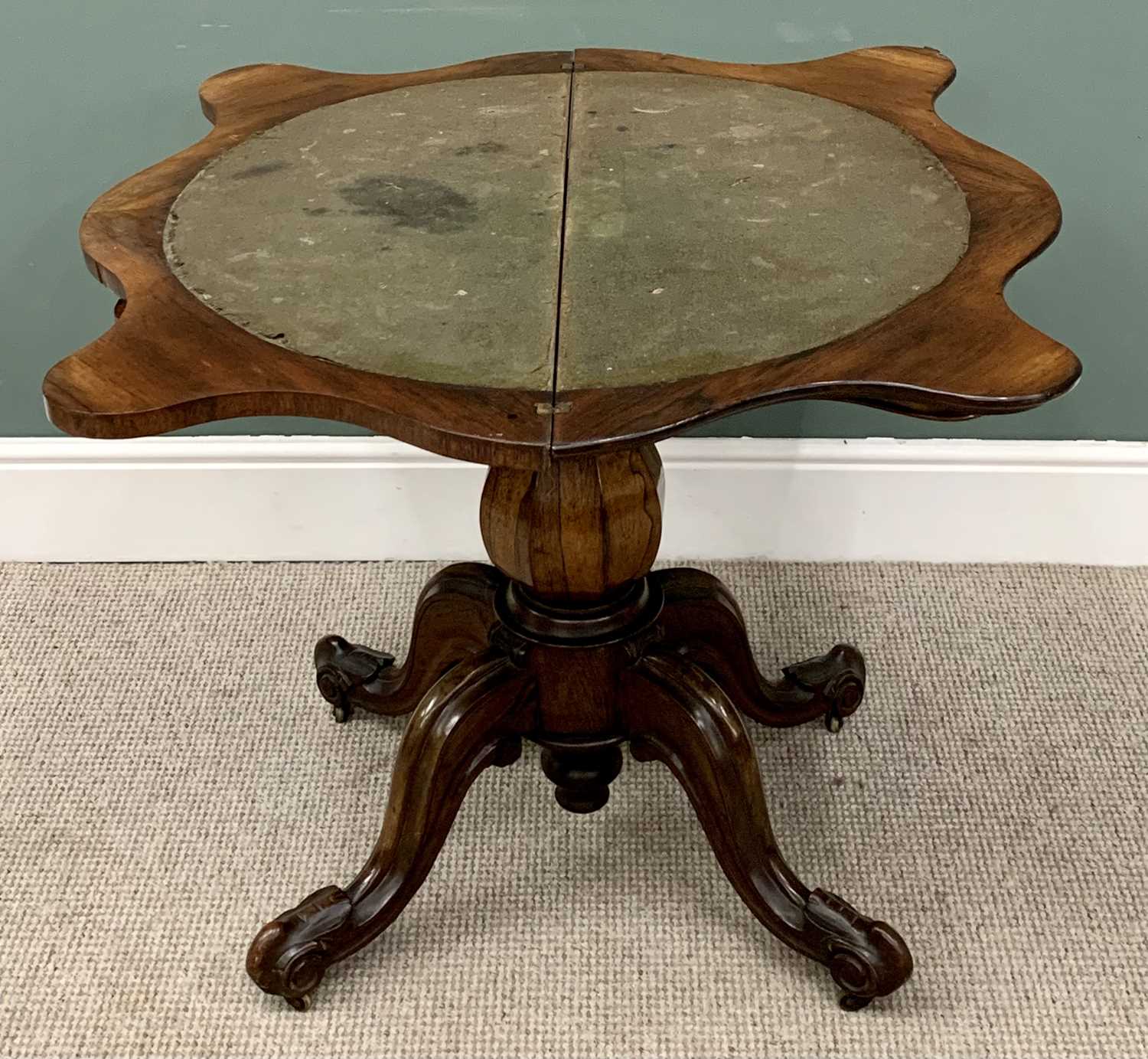 ANTIQUE ROSEWOOD FOLDOVER CARD TABLE - with serpentine shape top, bulbous segmented column on four - Image 3 of 6