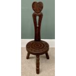 WELSH SPINNERS STOOL - carved wording and dragon detail, 81cms H, 30cms W, 25cms D