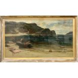 EDWIN ELLIS antique oil on canvas - depicting small boats and fishermen with their catch to the
