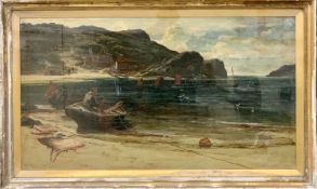 EDWIN ELLIS antique oil on canvas - depicting small boats and fishermen with their catch to the