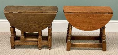 GATE LEG OCCASIONAL TABLES (2) - rustic oak on turned and block supports, 48cms H, 68cms W, 61cms