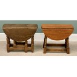 GATE LEG OCCASIONAL TABLES (2) - rustic oak on turned and block supports, 48cms H, 68cms W, 61cms