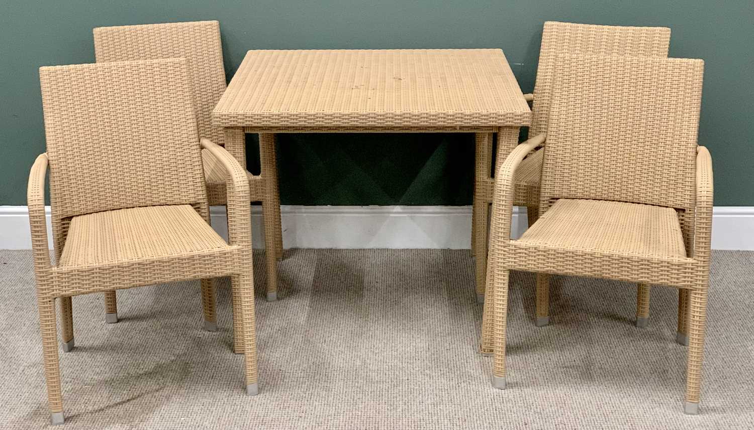 GARDEN FURNITURE - modern rattan type dining set comprising square top table, 76cms H, 90cms W,