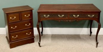 REPRODUCTION MAHOGANY DESK - having blind fretwork to the two frieze drawers on cabriole supports,
