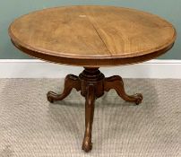 VICTORIAN MAHOGANY BREAKFAST TABLE - circular tilt top on a turned column and tripod supports, 67cms