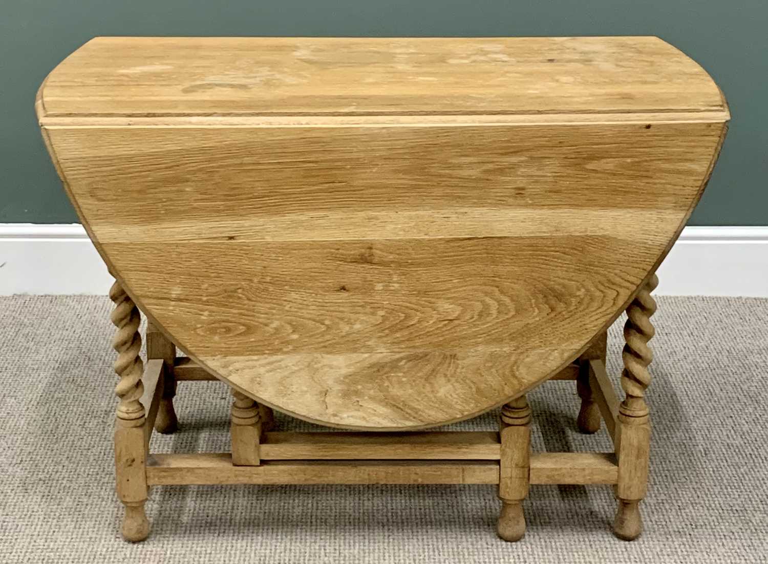 BARLEY TWIST GATE LEG TABLE - bleached oak, 74cms H, 149cms W, 107cms D (open)