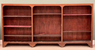 ANTIQUE MAHOGANY FRONTED PINE BOOKCASE - very long three section example with adjustable shelves,