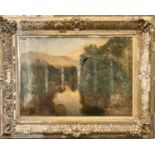 LARGE OIL ON CANVAS in antique gilt frame - lakeside scene with trees and mountains to the