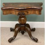 ANTIQUE ROSEWOOD FOLDOVER CARD TABLE - with serpentine shape top, bulbous segmented column on four