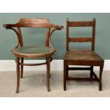 OFFERED WITH LOT 48 - TWO CHAIRS - vintage bentwood armchair with circular seat and an oak farmhouse