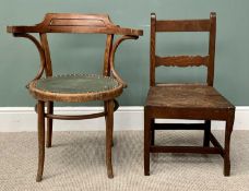 OFFERED WITH LOT 48 - TWO CHAIRS - vintage bentwood armchair with circular seat and an oak farmhouse