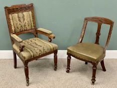 VINTAGE CHAIRS - Edwardian walnut elbow chair with upholstered seat and back, on turned supports,
