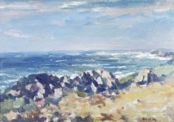 ‡ GYRTH RUSSELL oil on board - entitled verso 'Breaking Sea, Isle of Harris Hebrides', signed