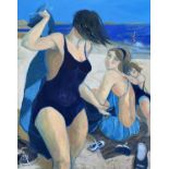 ‡ CLAUDIA WILLIAMS oil on canvas - females on a beach in bathing costumes and with towels,