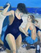 ‡ CLAUDIA WILLIAMS oil on canvas - females on a beach in bathing costumes and with towels,