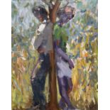 ‡ KEVIN SINNOTT oil on canvas - male and female leaning back to back against a tree, entitled