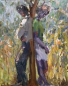 ‡ KEVIN SINNOTT oil on canvas - male and female leaning back to back against a tree, entitled