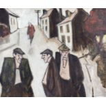 ‡ MIKE JONES oil on canvas - entitled verso 'Figures on Street (Rhiwfawr)', signedDimensions: 50 x