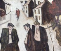 ‡ MIKE JONES oil on canvas - entitled verso 'Figures on Street (Rhiwfawr)', signedDimensions: 50 x