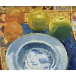 ‡ DAVID JONES oil on board - still life of apples, oranges and bowl, signed and dated verso