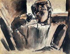 ‡ JOSEF HERMAN OBE RA mixed media - seated figure smoking a pipe, entitled verso 'Man with Pipe',