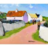 ‡ DONALD McINTYRE acrylic - figures in lane with cottages, entitled verso 'Village Street with