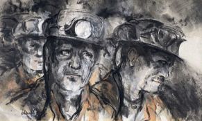 ‡ VALERIE GANZ mixed media - head and shoulder study of three miners with helmets and lamps,