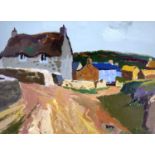 ‡ DONALD McINTYRE acrylic - lane with cottages, entitled verso 'Thatched House Treen', signed with