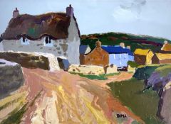 ‡ DONALD McINTYRE acrylic - lane with cottages, entitled verso 'Thatched House Treen', signed with