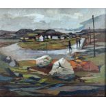 ‡ JOHN ELWYN oil on canvas - figures walking on roadway with village beyond, entitled verso on