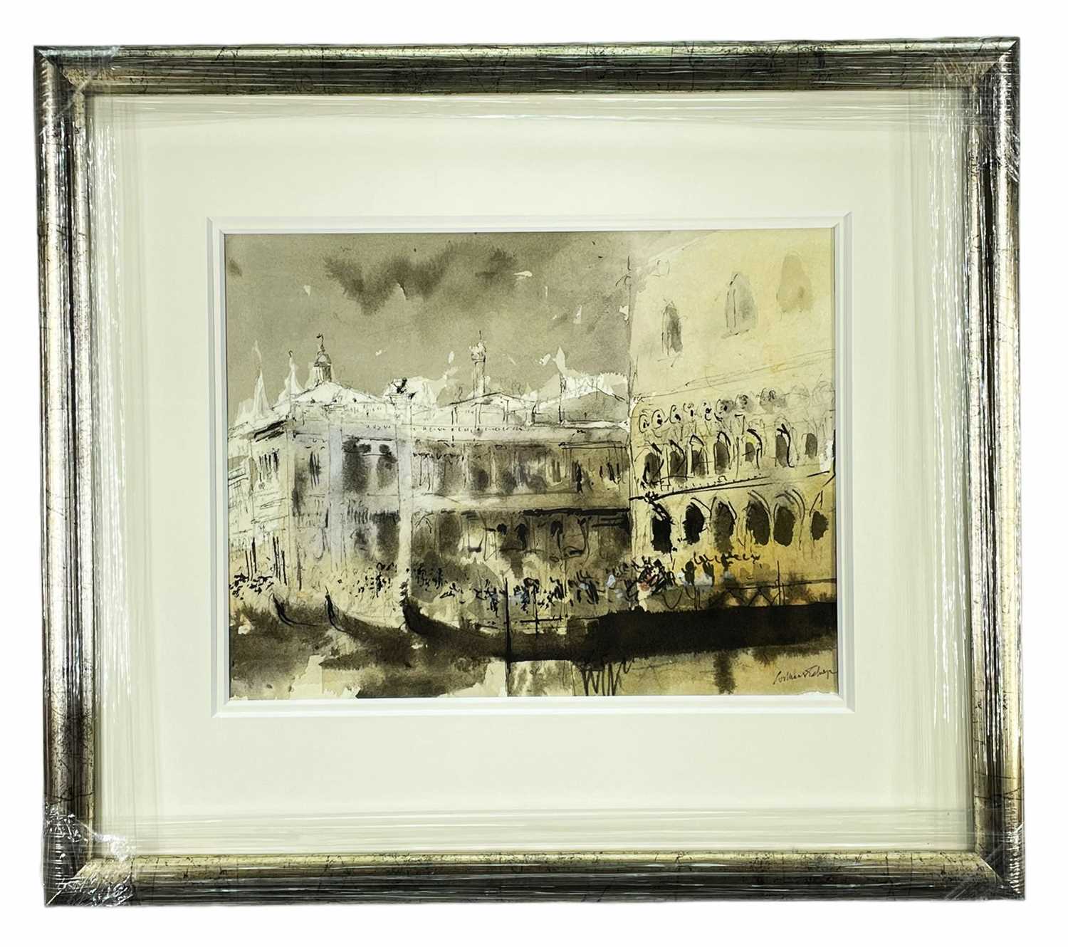 ‡ WILLIAM SELWYN mixed media - Venetian canal scene with gondolas, entitled verso 'The Piazzetta, - Image 2 of 2