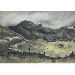 ‡ SIR KYFFIN WILLIAMS RA watercolour - barn with stone walled pasture and Snowdon peaks in