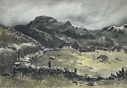 ‡ SIR KYFFIN WILLIAMS RA watercolour - barn with stone walled pasture and Snowdon peaks in