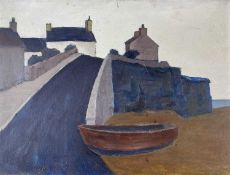 ‡ TOM GERRARD oil on board - harbourside slipway with boat, entitled verso 'Moelfre', signed