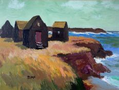 ‡ DONALD McINTYRE acrylic - huts on a headland, entitled verso 'Fishermen's Huts', signed with