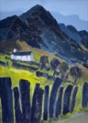 ‡ WYNNE JENKINS oil on canvas - Snowdonia mountain range with whitewashed cottage, entitled verso '