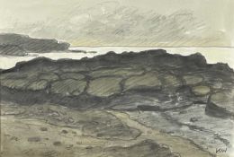 ‡ SIR KYFFIN WILLIAMS RA watercolour - view over rocks towards Trearddur Bay, entitled verso '