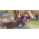 ‡ KEITH BOWEN pastel - Amish child on a swing, with figure beyond, signedDimensions: 38 x