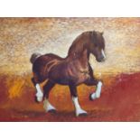 ‡ ANEURIN JONES large oil on board - prancing Welsh cobb in orange background, signedDimensions: