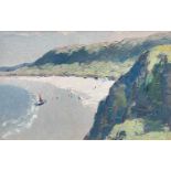 ‡ GYRTH RUSSELL oil on board - Gower beach scene, entitled verso on Albany Gallery label 'Rhossili